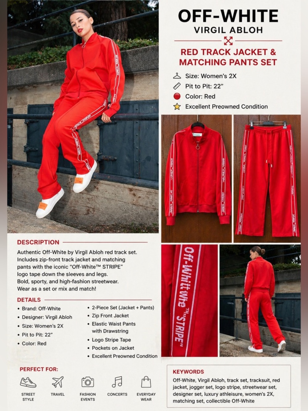 Off-White Virgil Abloh  Red Track Set XXL Women’s 2X Rare Matching Jacket Pants